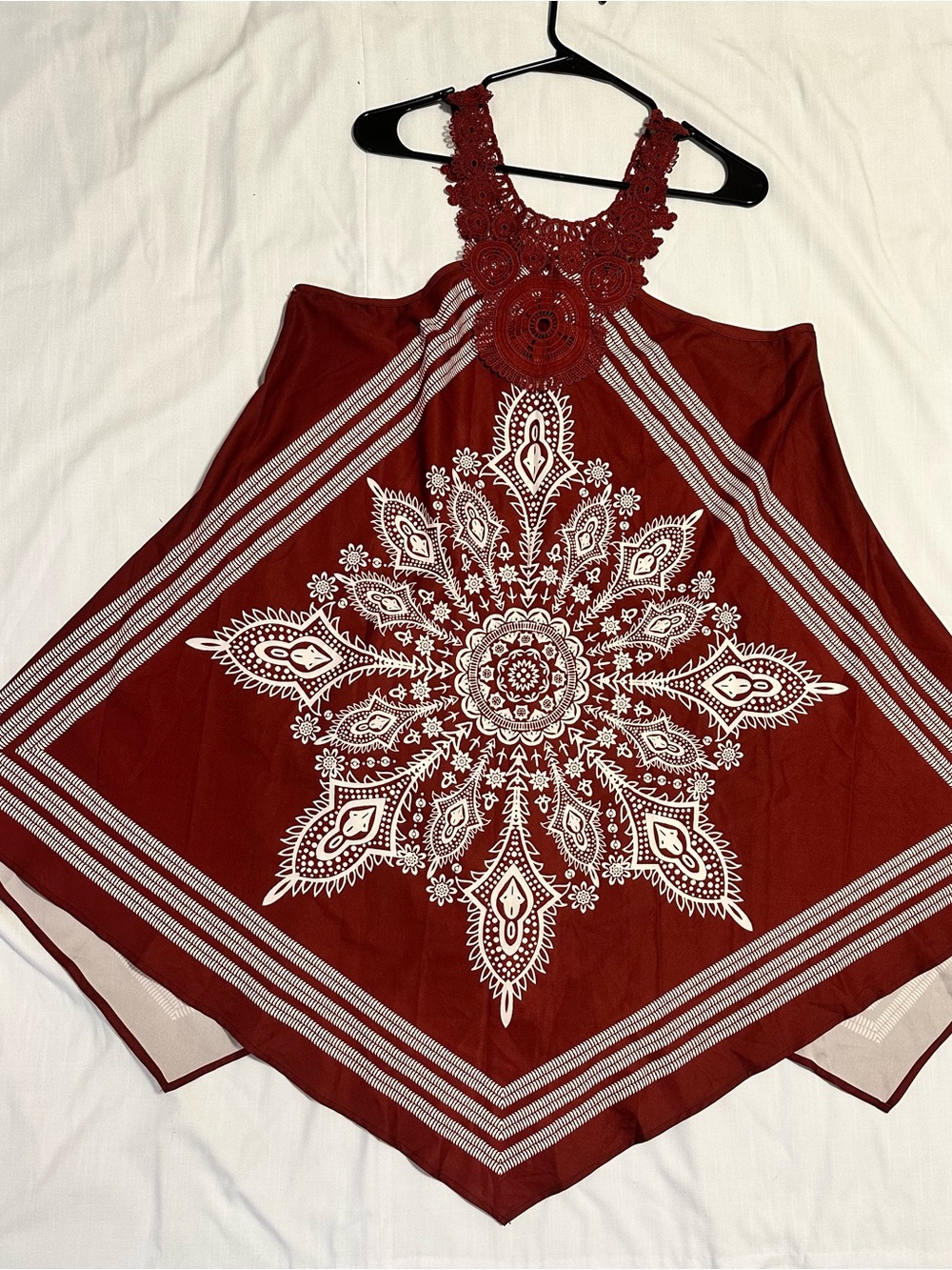 Boho Crochet Halter Tank Top - Red with White Medallion